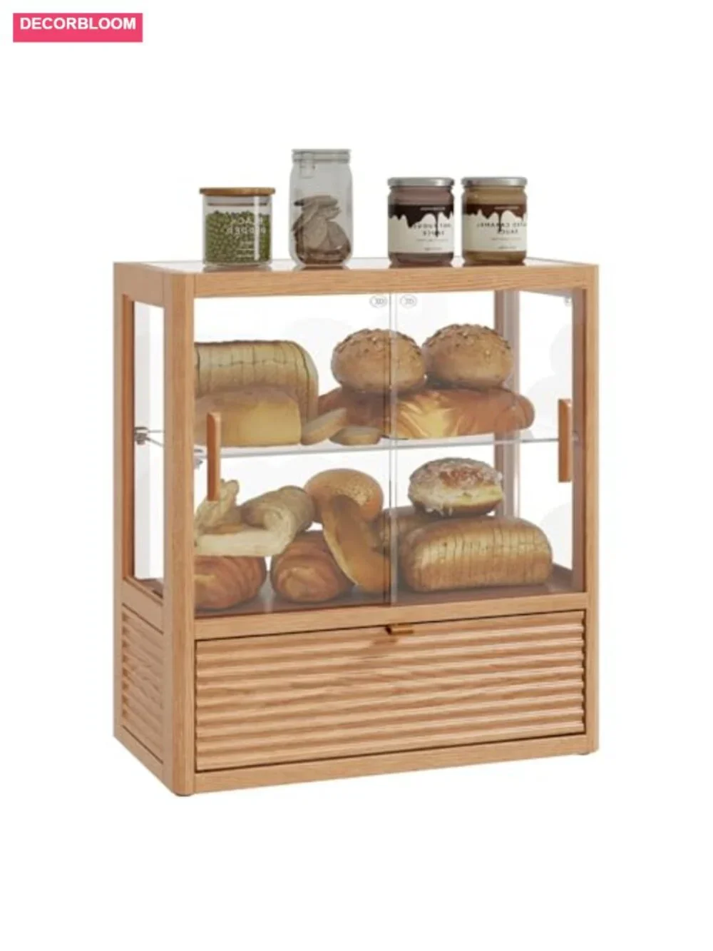 Solid Rubber Wood Double Layer Bread Box Large Capacity Kitchen Counter Storage